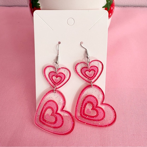 Jewelry - Valentine’s Pink Heart Sparkle Dangle Earrings NWT